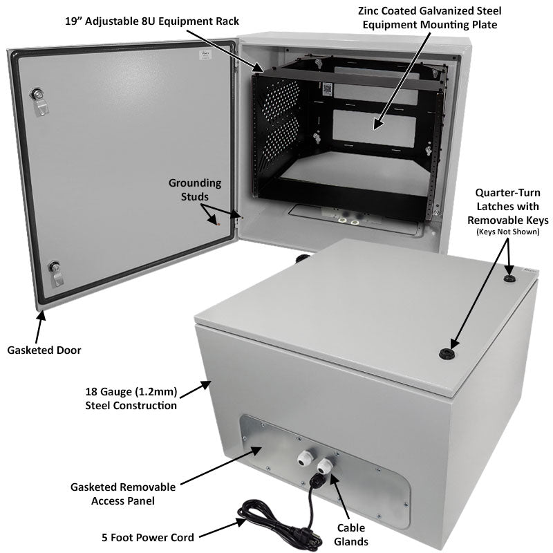 Altelix NEMA 4X Steel Weatherproof Enclosure with Heavy Duty 19" Adjustable 8U Rack Frame, Dual 120 VAC Duplex Outlets and Power Cord - 0