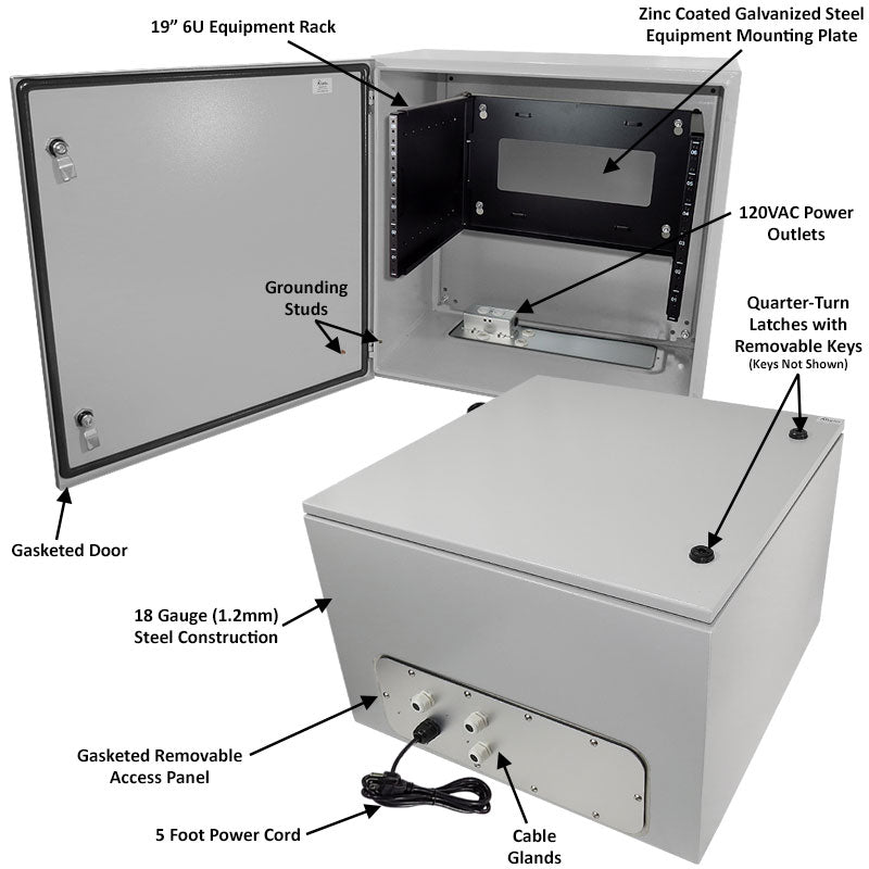 Altelix 19" Wide 6U Rack NEMA 4X Steel Weatherproof Enclosure with Single 120 VAC Duplex Outlet and Power Cord - 0