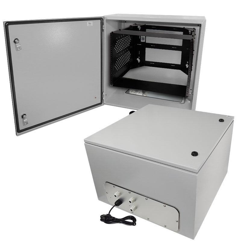 Altelix NEMA 4X Steel Weatherproof Enclosure with Heavy Duty 19" Wide Adjustable 8U Rack Frame, Single 120 VAC Duplex Outlet and Power Cord