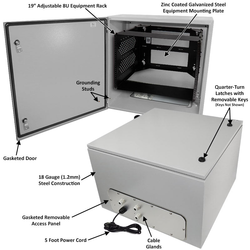 Altelix NEMA 4X Steel Weatherproof Enclosure with Heavy Duty 19" Wide Adjustable 8U Rack Frame, Single 120 VAC Duplex Outlet and Power Cord - 0