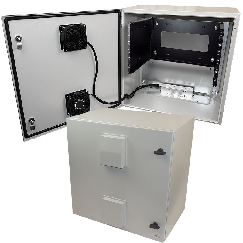 Altelix Steel Weatherproof NEMA Enclosure with 19" Wide 6U Rack Frame, Dual Door Mounted Cooling Fans, Dual 120 VAC Duplex Outlets and Power Cord