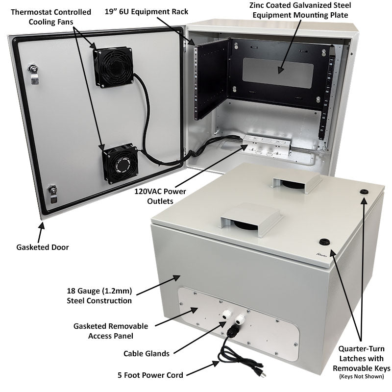 Altelix Steel Weatherproof NEMA Enclosure with 19" Wide 6U Rack Frame, Dual Door Mounted Cooling Fans, Dual 120 VAC Duplex Outlets and Power Cord - 0