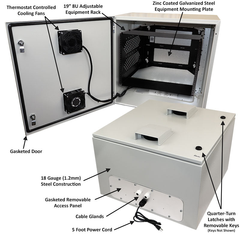 Altelix 24x24x16 Steel Weatherproof NEMA Enclosure with Heavy Duty 19" Wide Adjustable 8U Rack Frame, Dual Door Mounted Cooling Fans, Dual 120 VAC Duplex Outlets and Power Cord - 0