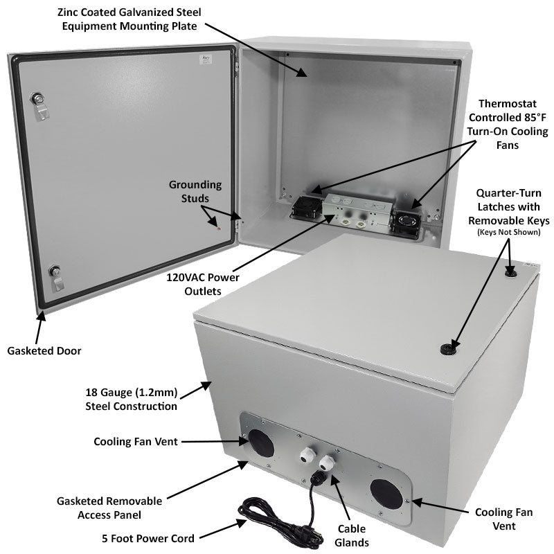 Altelix Steel Weatherproof NEMA Enclosure with 120 VAC Outlets, Power Cord & 85°F Turn-On Cooling Fan