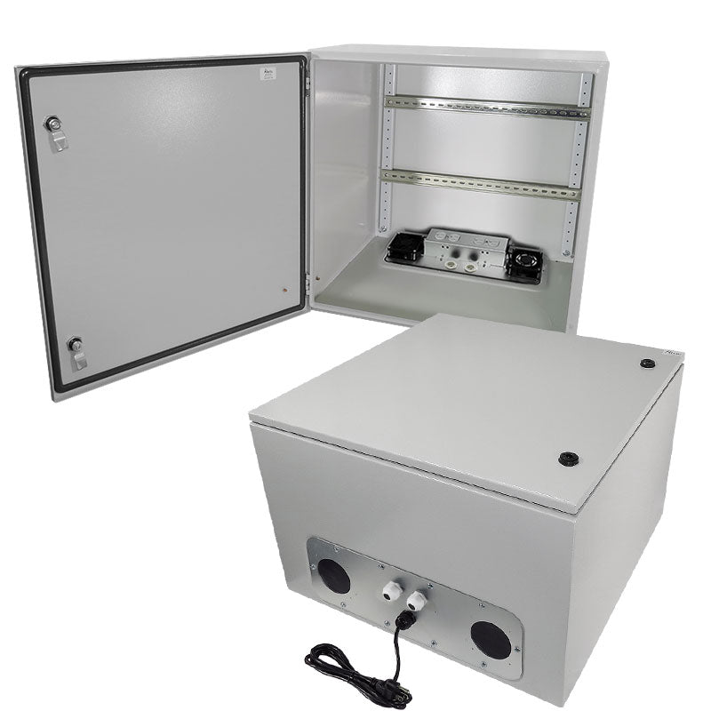 Altelix Industrial DIN Rail Steel Weatherproof NEMA Enclosure with Dual Cooling Fans, Dual 120 VAC Duplex Outlets and Power Cord