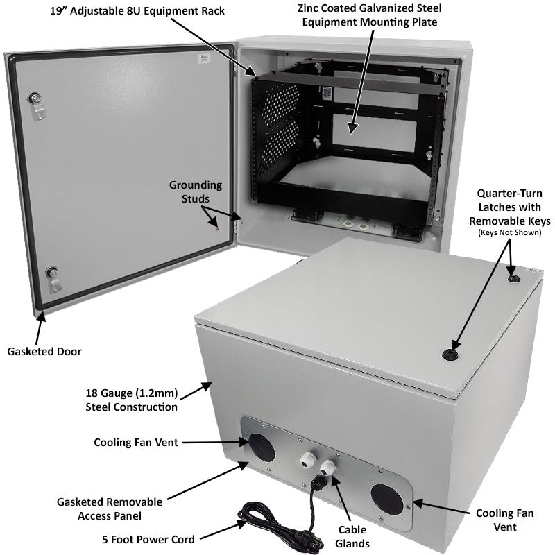 Altelix Steel Weatherproof NEMA Enclosure with Heavy Duty 19" Adjustable 8U Rack Frame, Dual Cooling Fans, Dual 120 VAC Duplex Outlets and Power Cord - 0