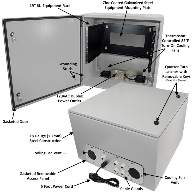 Altelix 19" Wide 6U Rack Steel Weatherproof NEMA Enclosure with Single 120 VAC Duplex Outlet, Power Cord & 85°F Turn-On Cooling Fans - 0