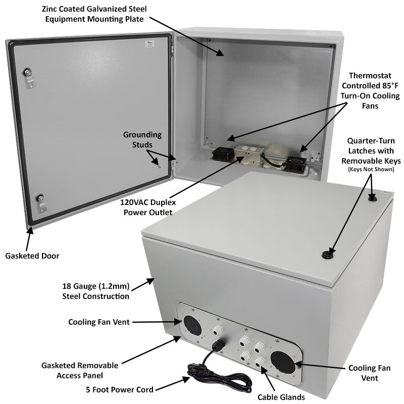 Altelix Steel Weatherproof NEMA Enclosure with Single 120 VAC Duplex Outlet, Power Cord & 85°F Turn-On Cooling Fans - 0