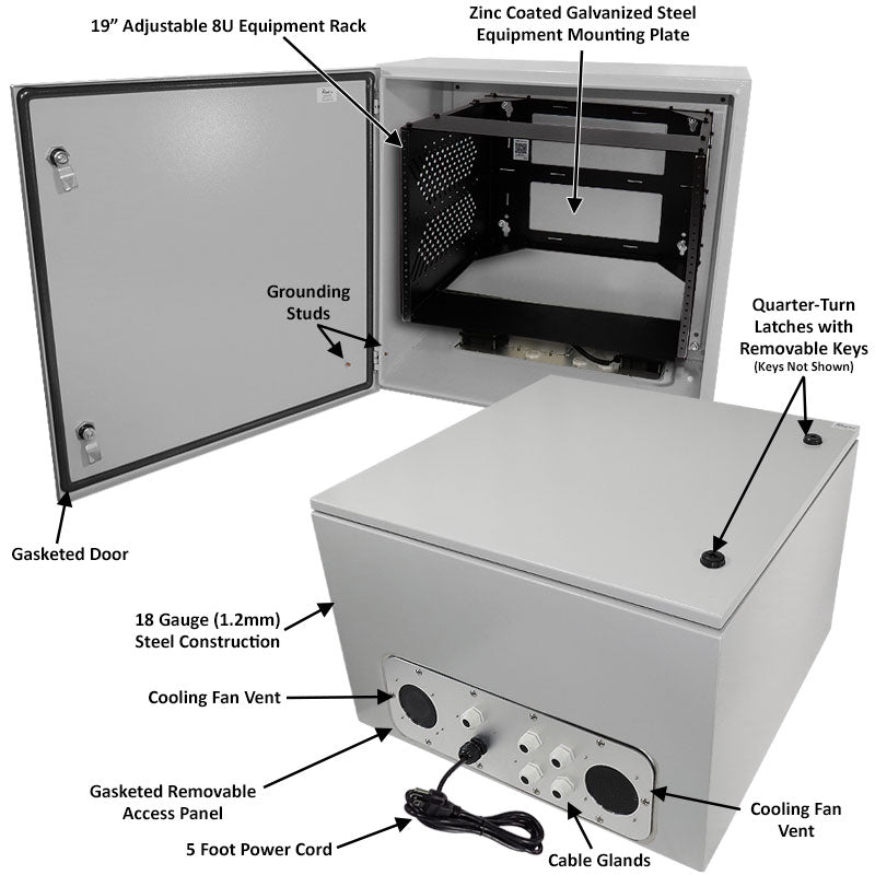 Altelix Weatherproof NEMA Enclosure with Heavy Duty 19" Adjustable 8U Rack Frame, Dual Cooling Fans, Single 120 VAC Duplex Outlet and Power Cord - 0