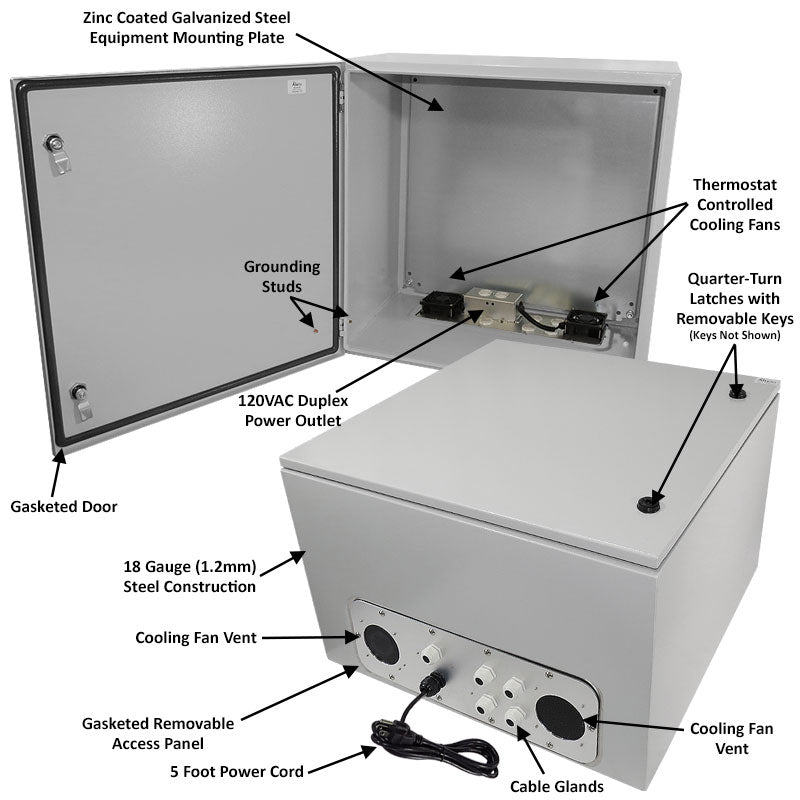 Altelix Steel Weatherproof NEMA Enclosure with Dual Cooling Fans, Single 120 VAC Duplex Outlet and Power Cord - 0