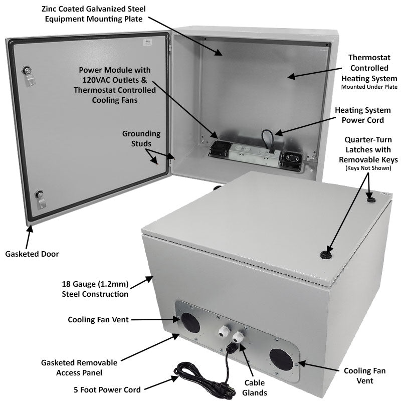 Altelix Steel Heated Weatherproof NEMA Enclosure with Dual Cooling Fans, 200W Heater, 120 VAC Outlets and Power Cord