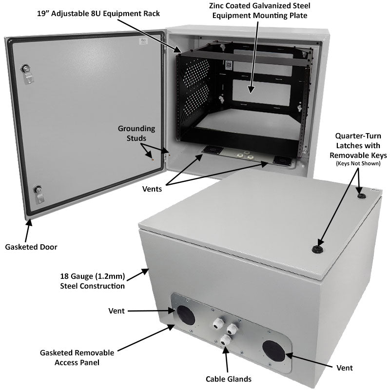 Altelix 24x24x16 Vented Steel Weatherproof NEMA Enclosure with Heavy Duty 19" Wide Adjustable 8U Rack Frame - 0