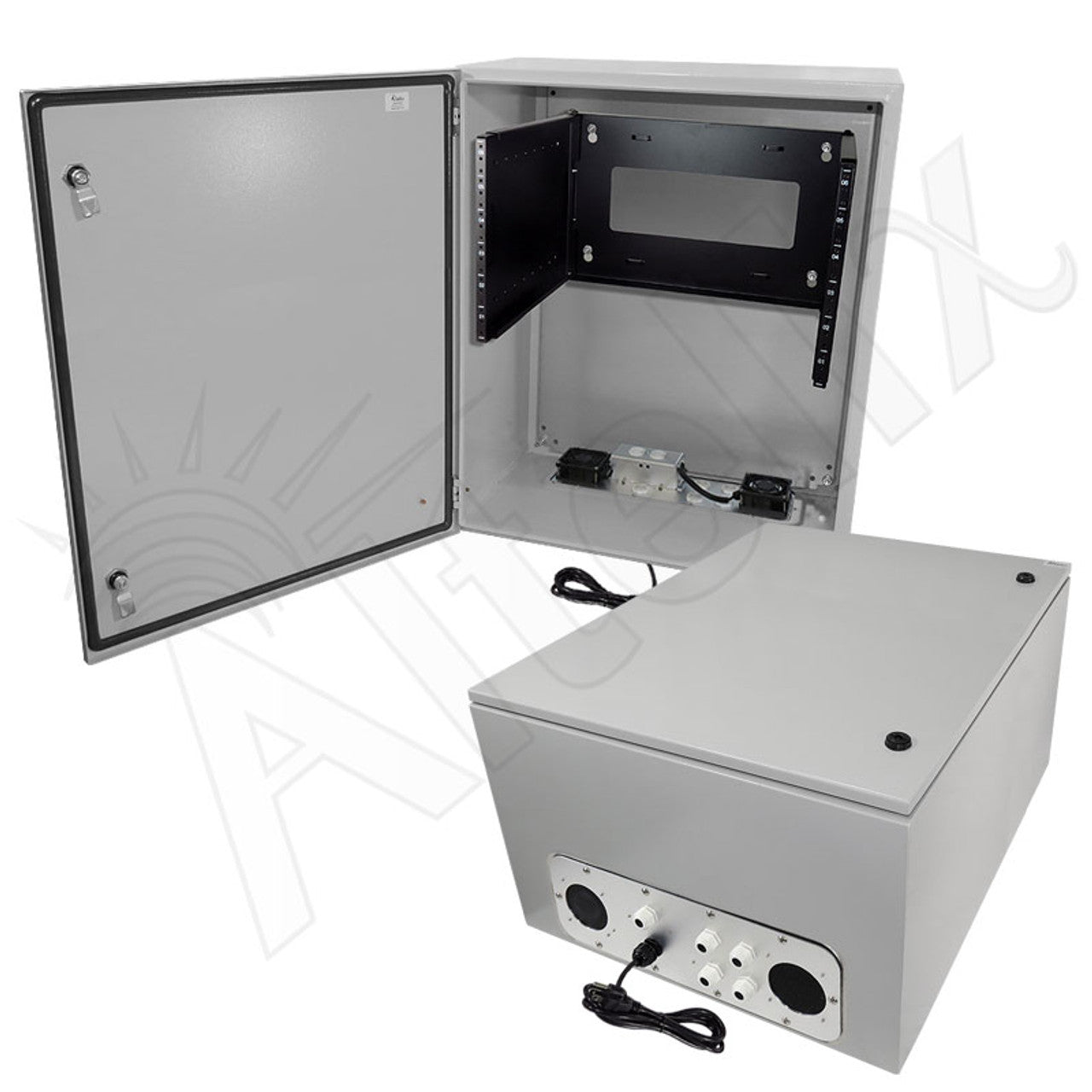 Altelix 28x24x16 Steel Weatherproof NEMA Enclosure with Heavy Duty 19" Adjustable 8U Rack Frame, Single 120 VAC Duplex Outlet, Power Cord & 85°F Turn-On Cooling Fans