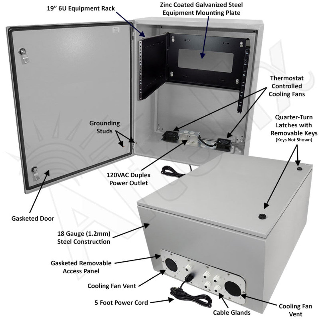 Altelix 28x24x16 Steel Weatherproof NEMA Enclosure with Heavy Duty 19" Adjustable 8U Rack Frame, Single 120 VAC Duplex Outlet, Power Cord & 85°F Turn-On Cooling Fans - 0