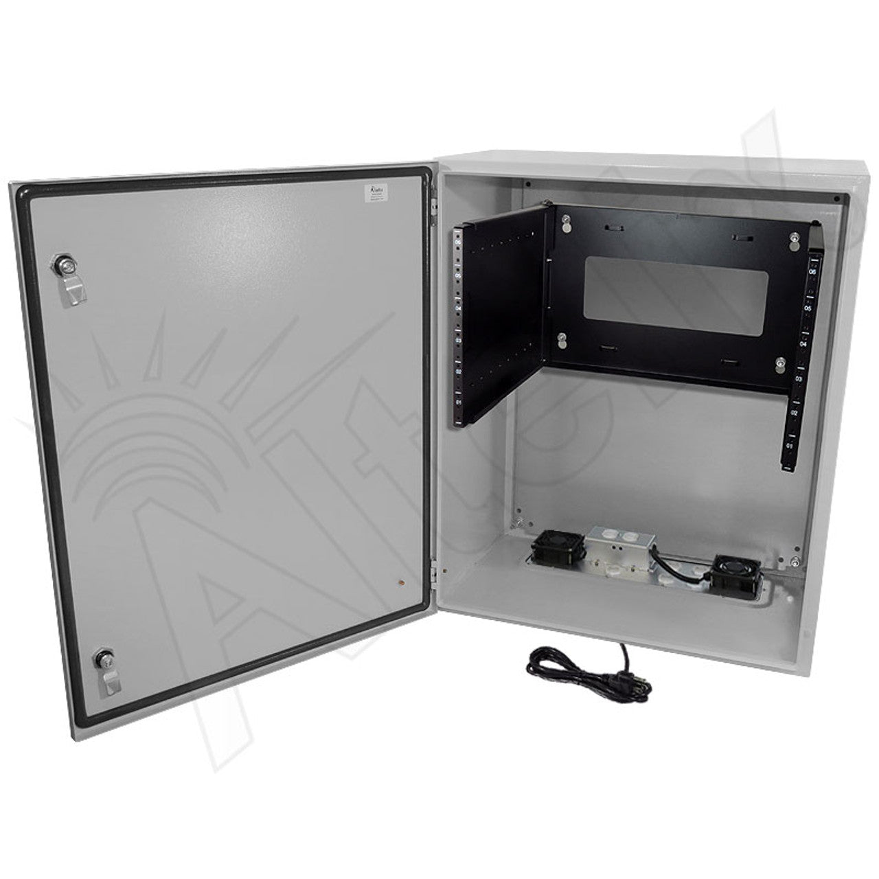 Altelix 28x24x16 Steel Weatherproof NEMA Enclosure with Heavy Duty 19" Adjustable 8U Rack Frame, Single 120 VAC Duplex Outlet, Power Cord & 85°F Turn-On Cooling Fans