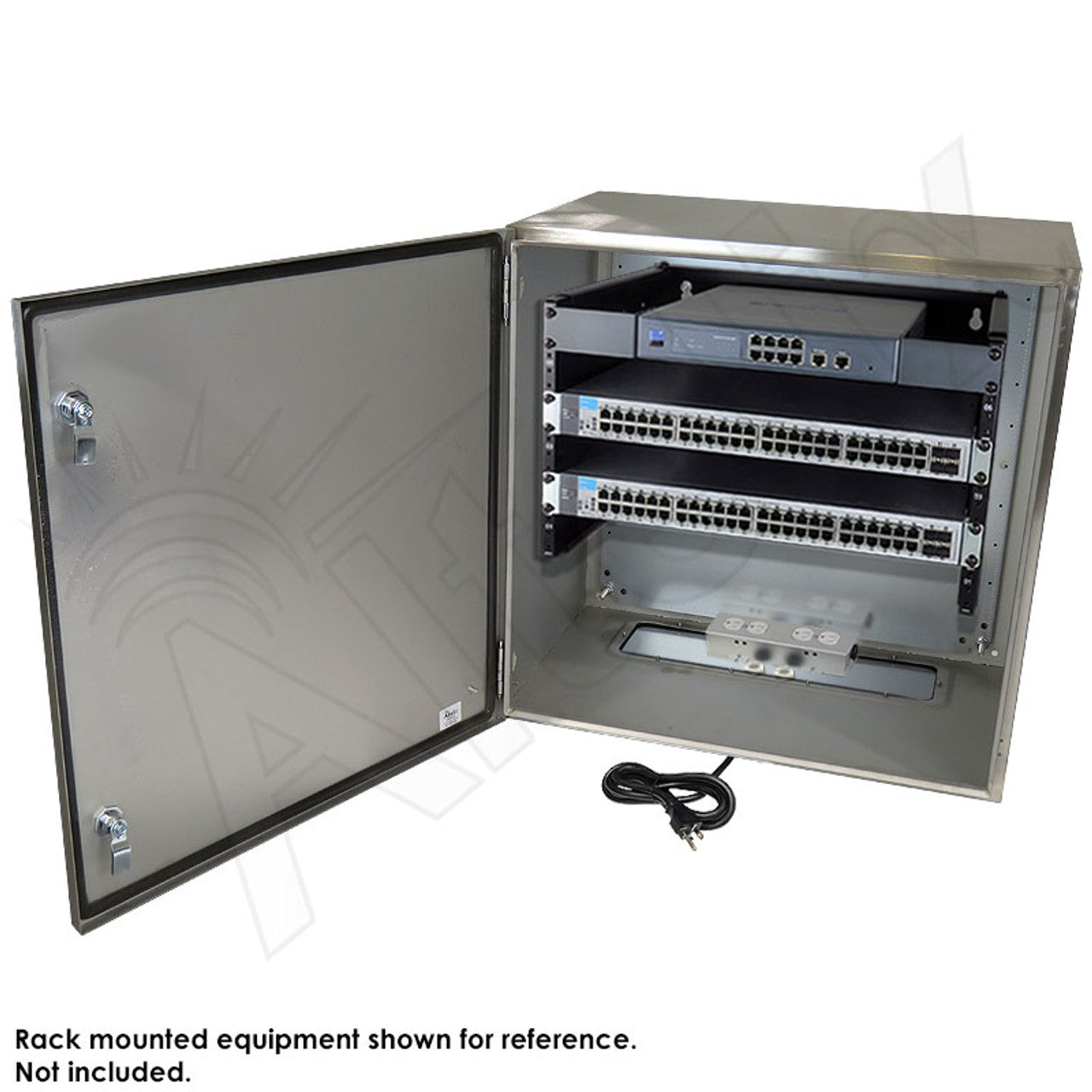 Altelix 24x24x16 120VAC 20A Stainless Steel NEMA 4X Enclosure for UPS Power Systems with 19" Wide 6U Rack, 20A Power Outlets and Power Cord