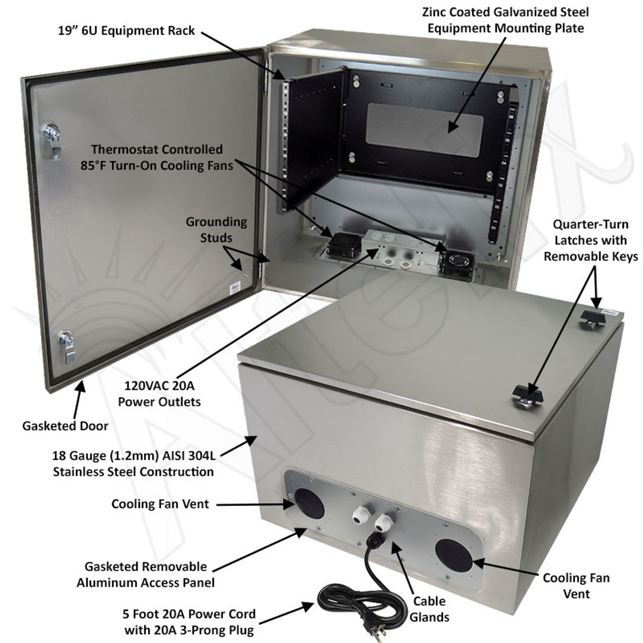 Altelix 24x24x16 120VAC 20A Stainless Steel NEMA Enclosure for UPS Power Systems with 19" Wide 6U Rack, 20A Power Outlets, Power Cord & 85°F Turn-On Cooling Fans - 0