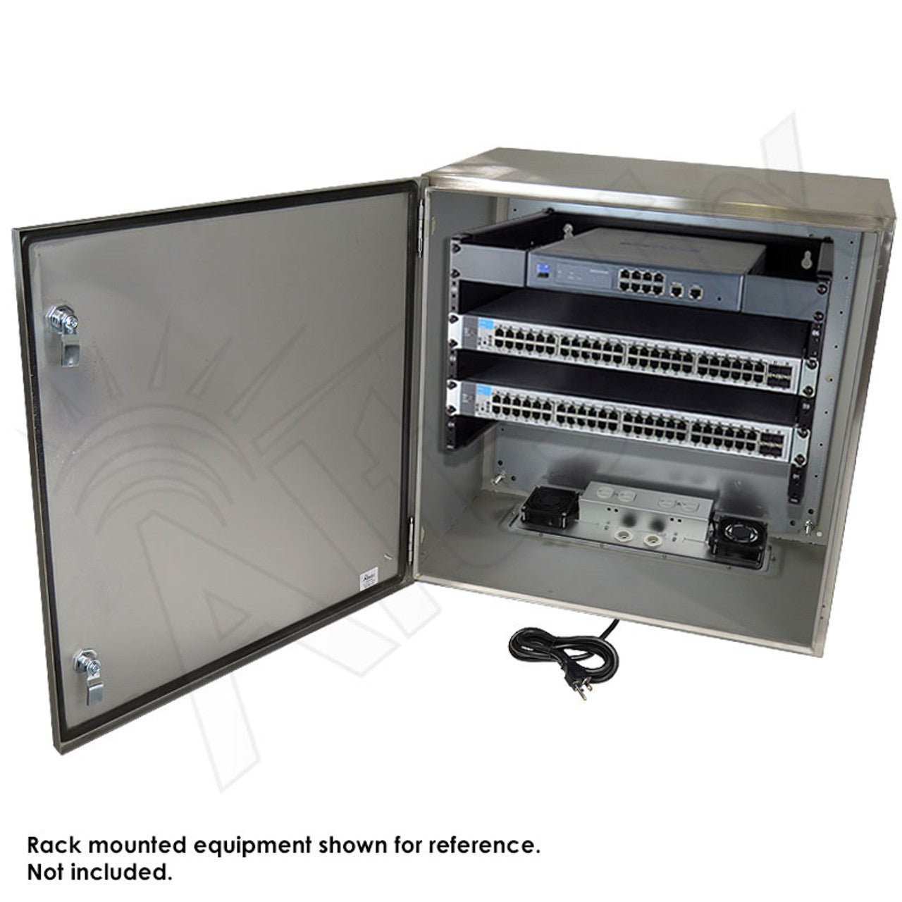 Altelix 24x24x16 120VAC 20A Stainless Steel NEMA Enclosure for UPS Power Systems with 19" Wide 6U Rack, Dual Cooling Fans, 20A Power Outlets & Power Cord