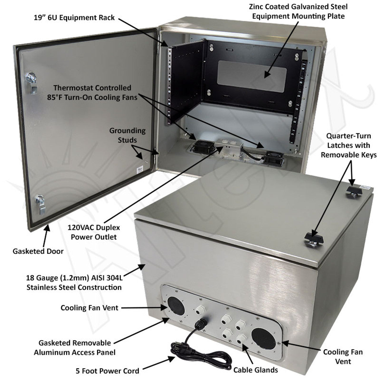 Altelix 24x24x16 19" Wide 6U Rack Stainless Steel Weatherproof NEMA Enclosure with Single 120 VAC Duplex Outlet, Power Cord & 85°F Turn-On Cooling Fans - 0