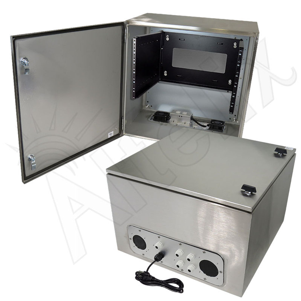 Altelix 24x24x16 19" Wide 6U Rack Stainless Steel Weatherproof NEMA Enclosure with Single 120 VAC Duplex Outlet, Power Cord & 85°F Turn-On Cooling Fans