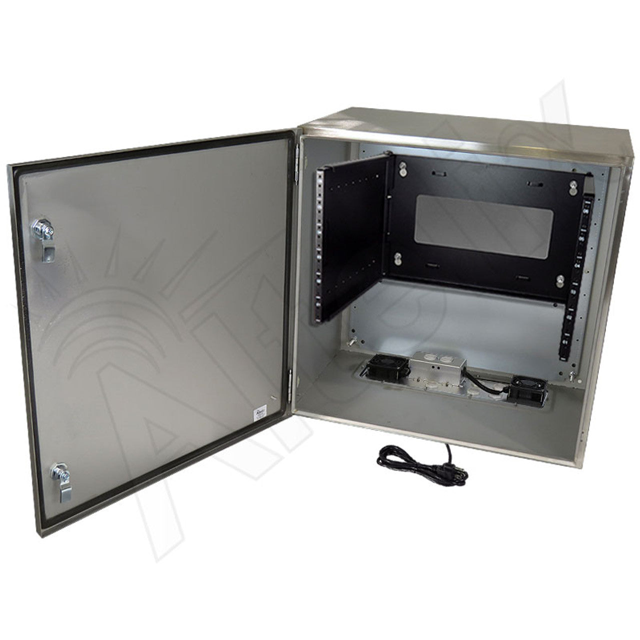 Altelix 24x24x16 19" Wide 6U Rack Stainless Steel Weatherproof NEMA Enclosure with Single 120 VAC Duplex Outlet, Power Cord & 85°F Turn-On Cooling Fans