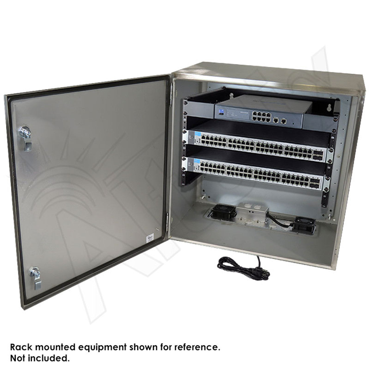 Altelix 24x24x16 19" Wide 6U Rack Stainless Steel Weatherproof NEMA Enclosure with Single 120 VAC Duplex Outlet, Power Cord & 85°F Turn-On Cooling Fans