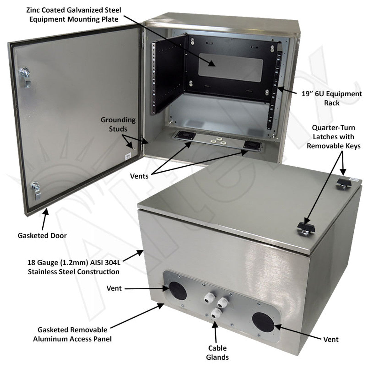 Altelix 24x24x16 Vented 19" Wide 6U Rack Stainless Steel Weatherproof NEMA Enclosure - 0