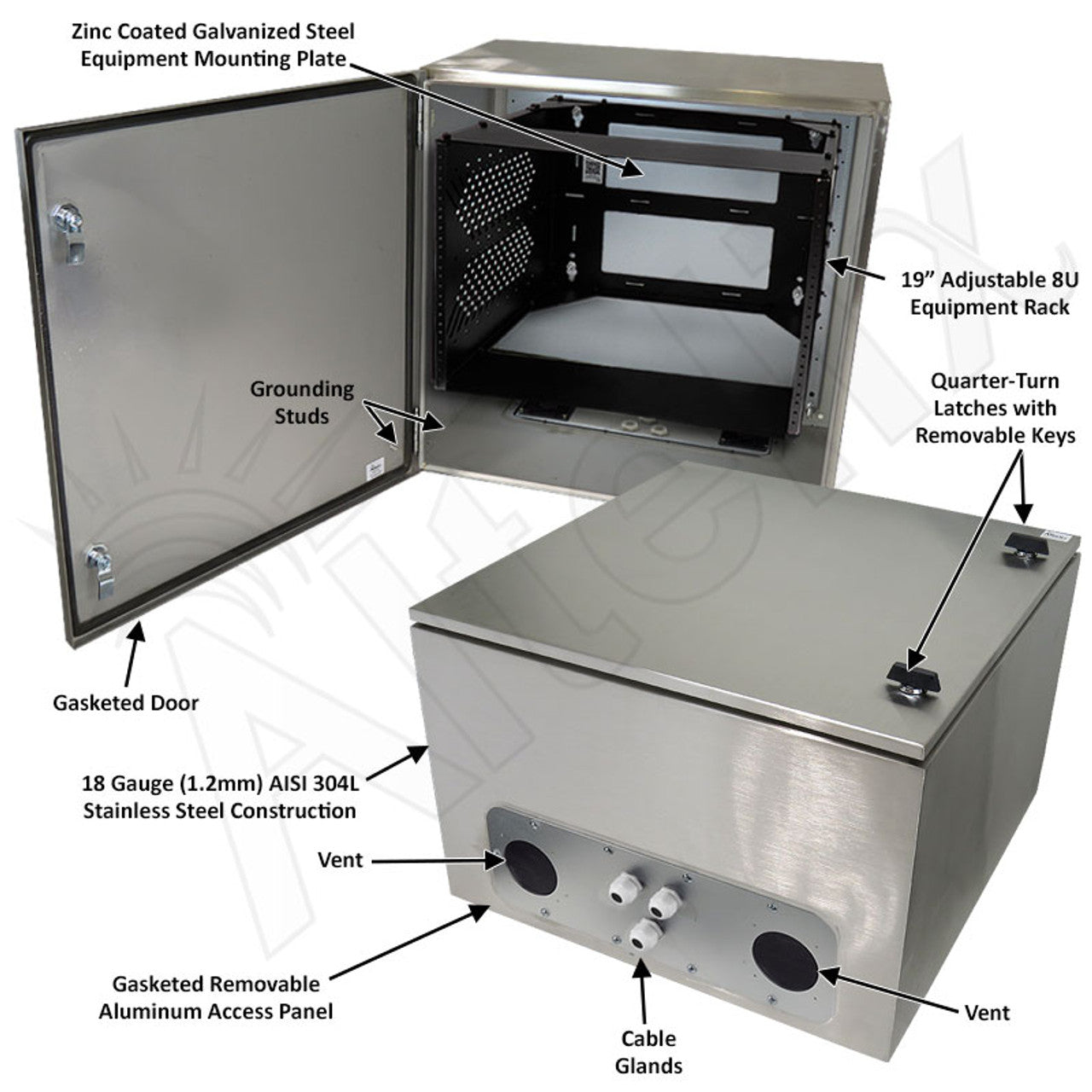 Altelix 24x24x16 Vented Stainless Steel Weatherproof NEMA Enclosure with Heavy Duty 19" Wide Adjustable 8U Rack Frame - 0