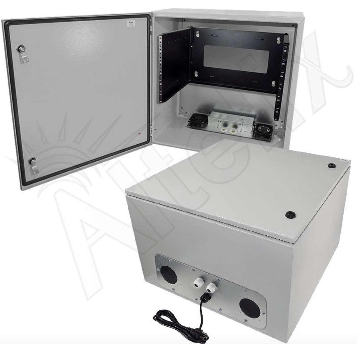 Altelix 24x24x16 19" Wide 6U Rack Steel Weatherproof NEMA Enclosure with Dual 120 VAC Duplex Outlets, Power Cord & 85°F Turn-On Cooling Fans