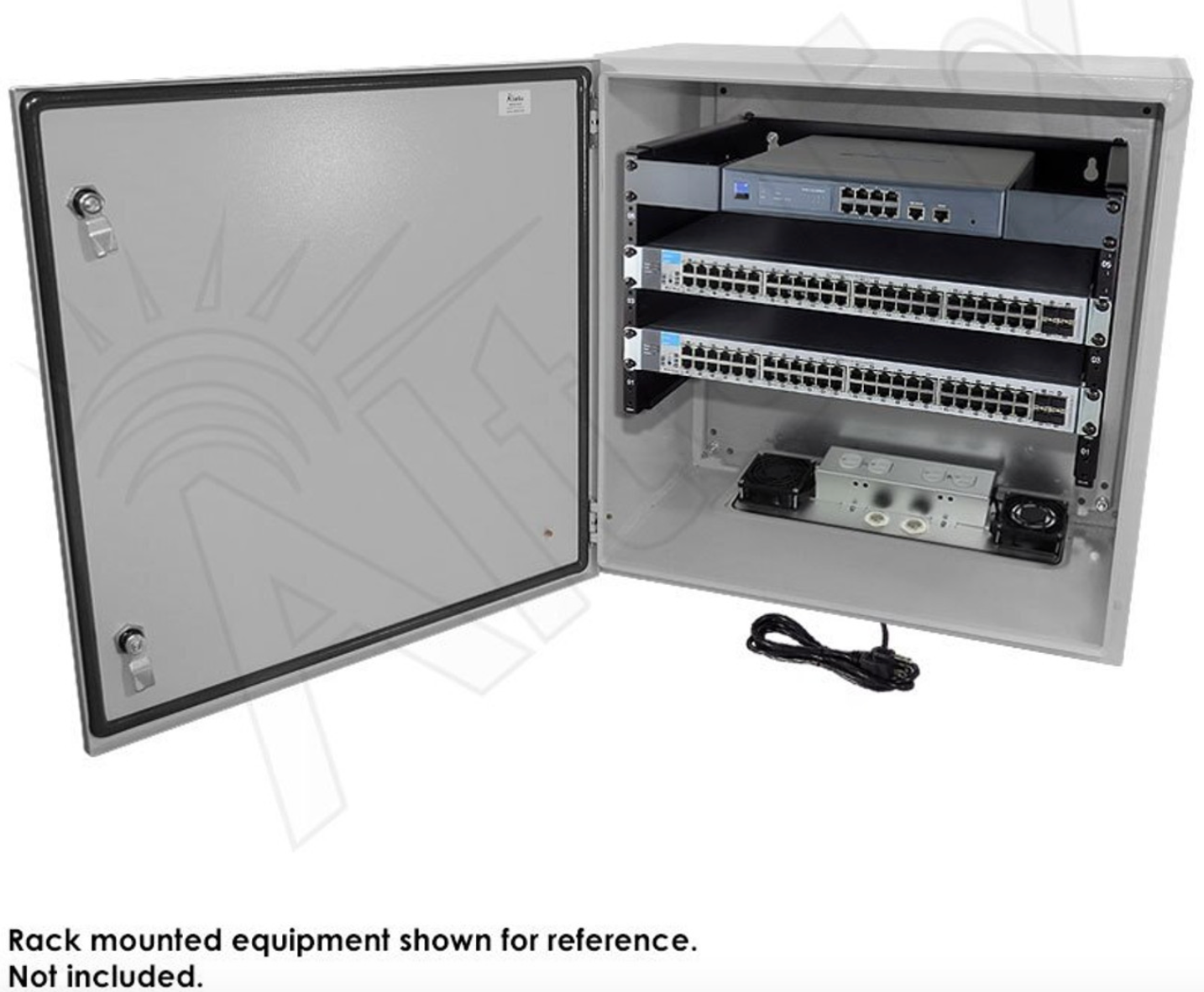 Altelix 24x24x16 19" Wide 6U Rack Steel Weatherproof NEMA Enclosure with Dual 120 VAC Duplex Outlets, Power Cord & 85°F Turn-On Cooling Fans