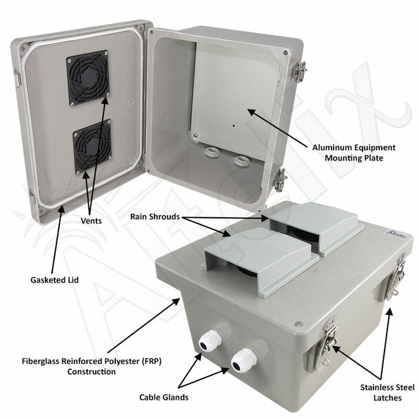 Altelix Fiberglass Vented Weatherproof NEMA Enclosure with Blank Aluminum Equipment Mounting Plate - 0