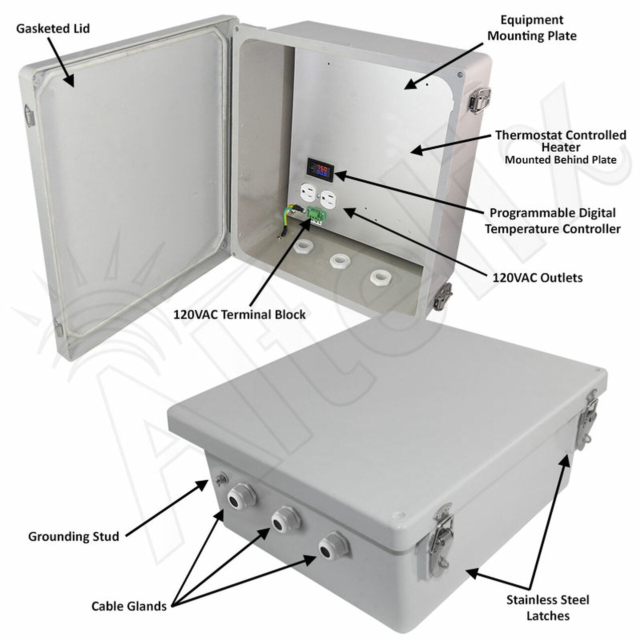 Altelix Fiberglass Weatherproof Heated NEMA Enclosure with 120 VAC Outlets & 200W Heater with Digital Temperature Controller - 0