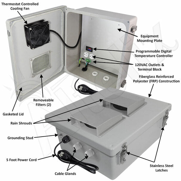 Altelix Fiberglass Weatherproof Vented NEMA Enclosure with 120 VAC Outlets, Power Cord & Cooling Fan with Digital Temperature Controller - 0