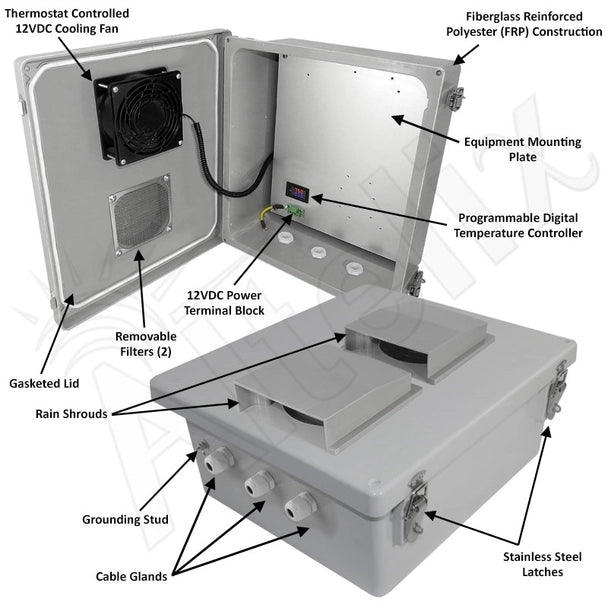 Altelix Fiberglass Weatherproof Vented NEMA Enclosure with 12 VDC Cooling Fan & Digital Temperature Controller - 0