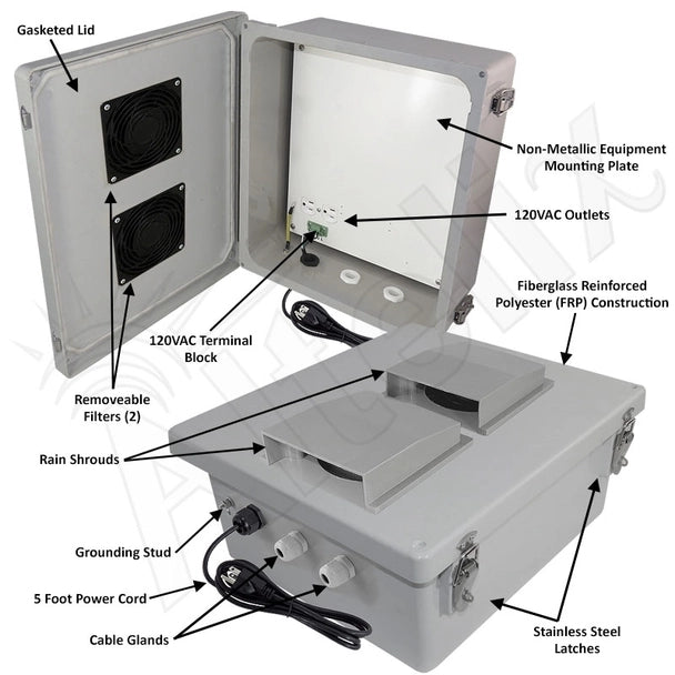 Altelix Fiberglass Weatherproof Vented WiFi NEMA Enclosure with 120 VAC Outlets & Power Cord - 0