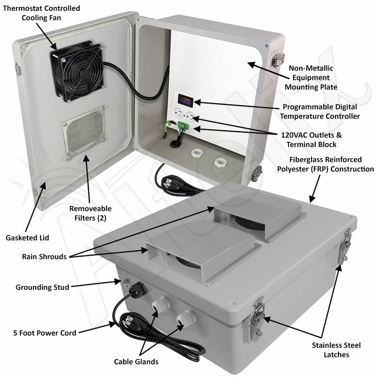 Altelix Fiberglass WiFi Weatherproof Vented NEMA Enclosure with Non-Metallic Equipment Mounting Plate, 120 VAC Outlets, Power Cord & Cooling Fan with Digital Temperature Controller - 0