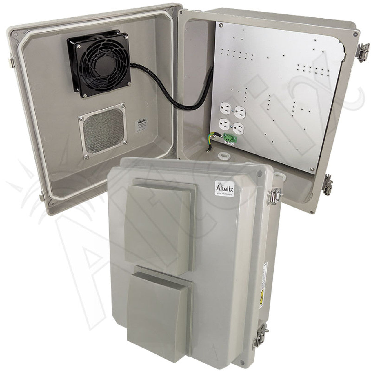 Altelix Fiberglass Weatherproof Vented NEMA Enclosure with 120 VAC Outlets & 85°F Turn-On Cooling Fan