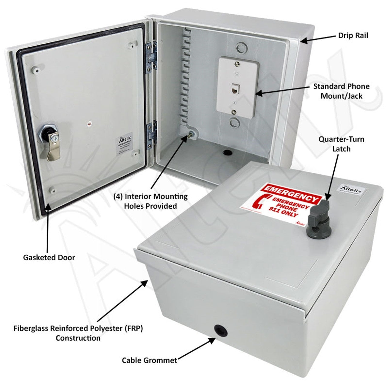 Altelix 12x10x6 Fiberglass Outdoor Weatherproof NEMA 3X Phone Call Box with Emergency Phone Label - 0