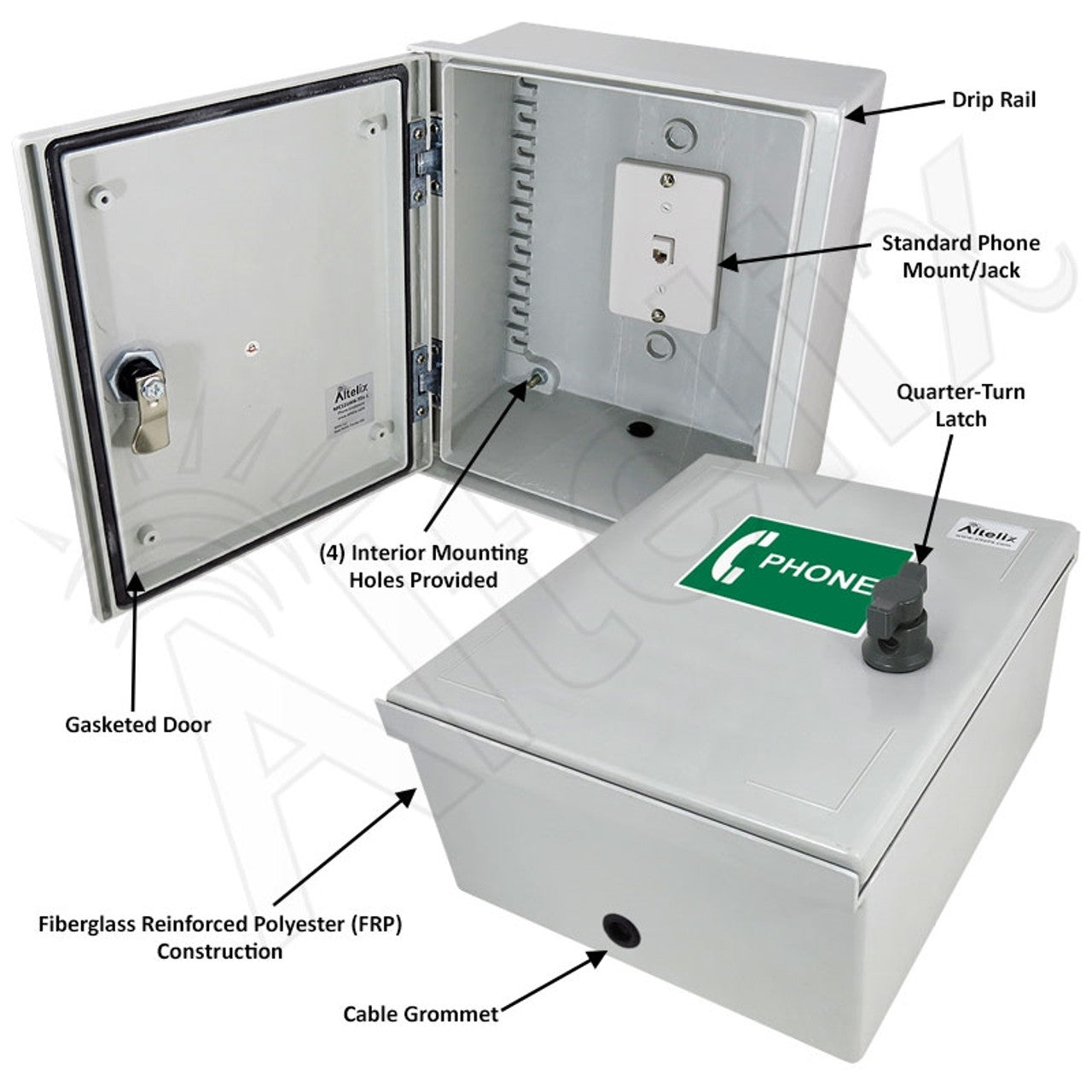 Altelix 12x10x6 Fiberglass Outdoor Weatherproof NEMA 3X Phone Call Box with Service Phone Label - 0