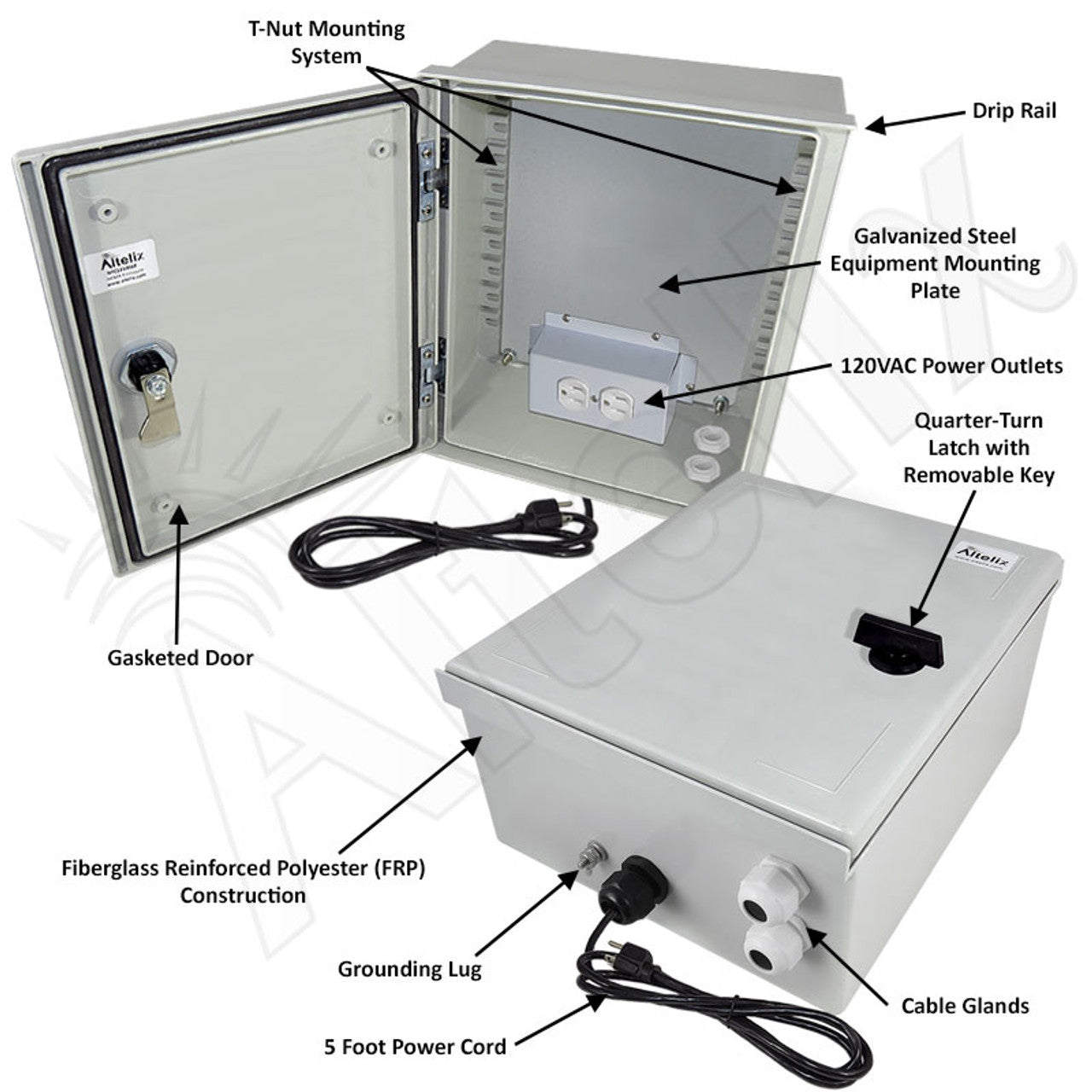 Altelix NEMA 3X Fiberglass Weatherproof Enclosure with Equipment Mounting Plate, 120 VAC Outlets & Power Cord - 0