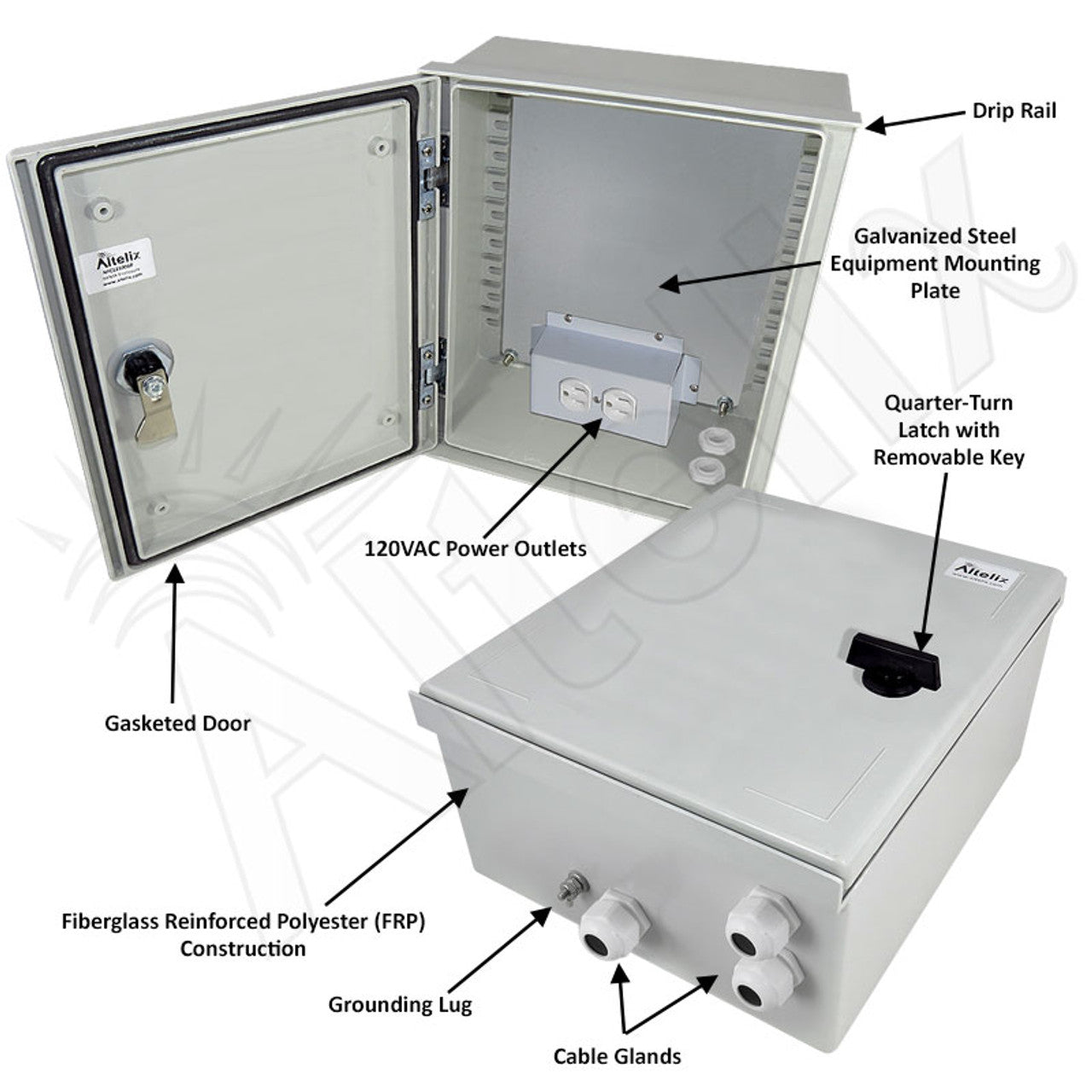 Altelix NEMA 3X Fiberglass Weatherproof Enclosure with Equipment Mounting Plate & 120 VAC Outlets - 0