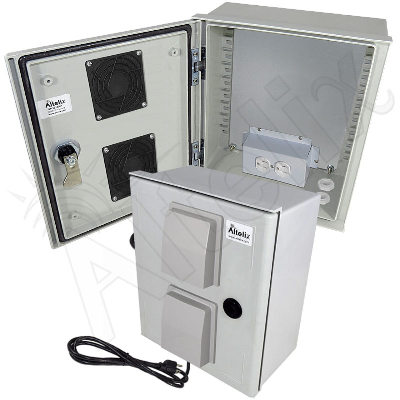 Altelix Vented Fiberglass Weatherproof NEMA Enclosure with Equipment Mounting Plate, 120 VAC Outlets & Power Cord