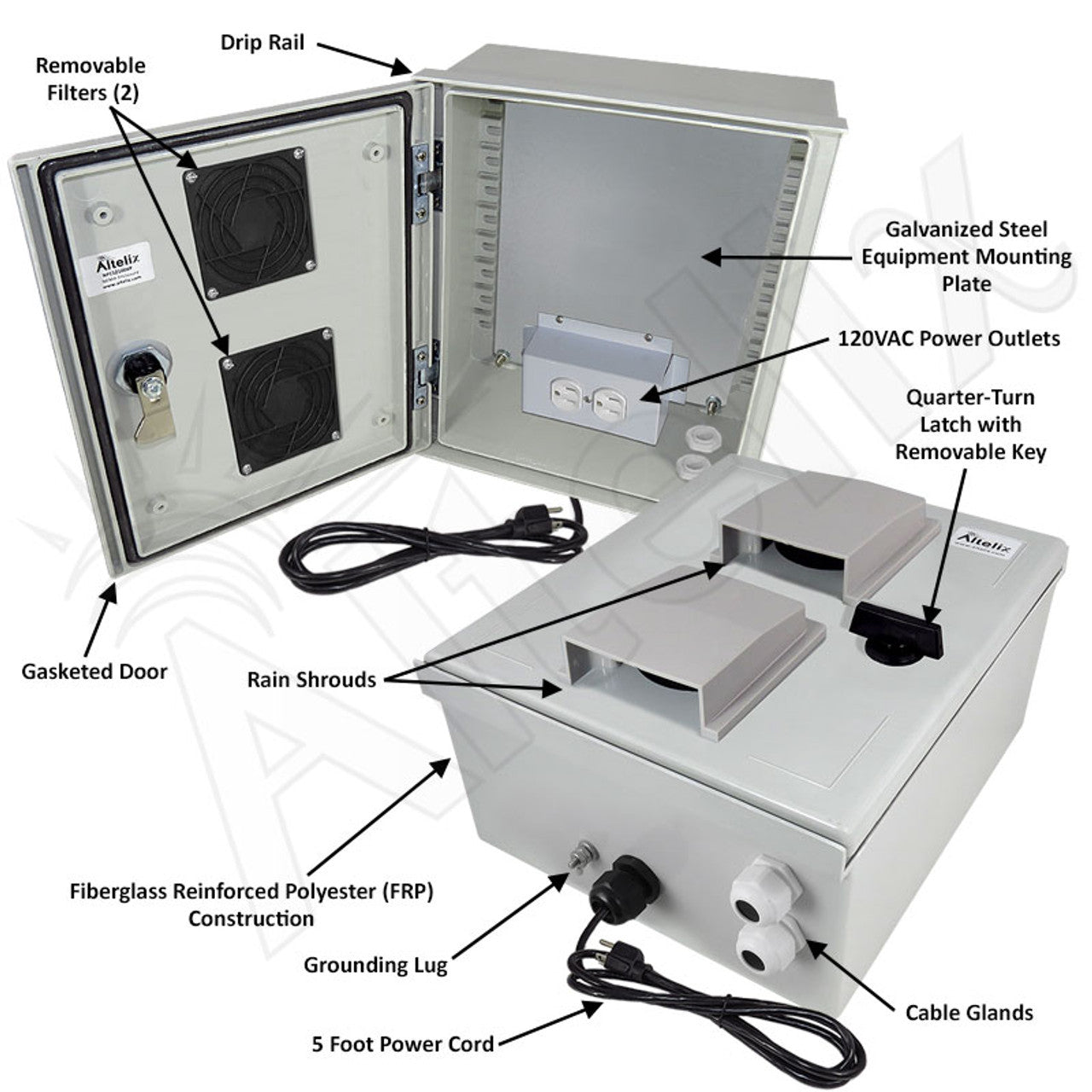 Altelix Vented Fiberglass Weatherproof NEMA Enclosure with Equipment Mounting Plate, 120 VAC Outlets & Power Cord - 0