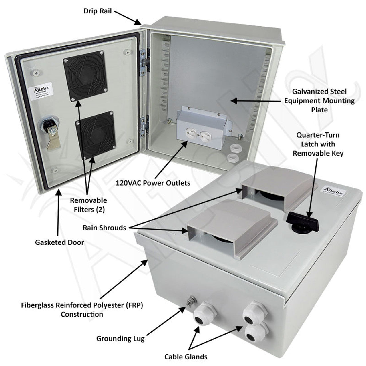 Altelix Vented Fiberglass Weatherproof NEMA Enclosure with Equipment Mounting Plate & 120 VAC Outlets - 0