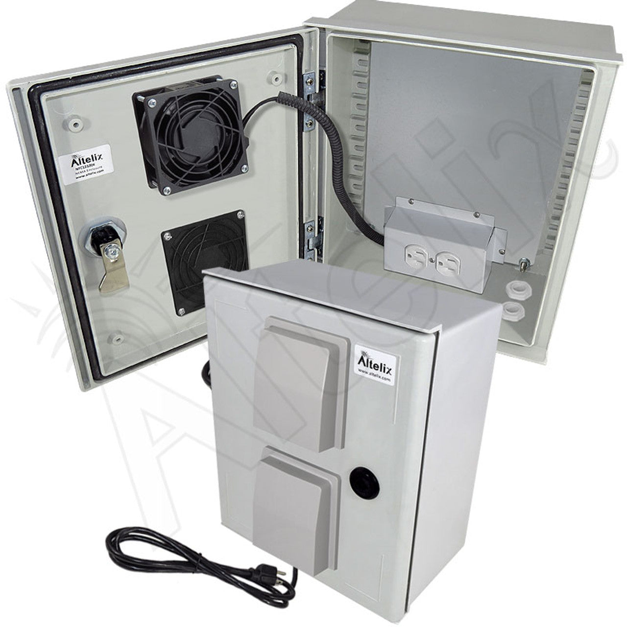 Altelix Vented Fiberglass Weatherproof NEMA Enclosure with 120 VAC Outlets, Power Cord & 85°F Turn-On Cooling Fan