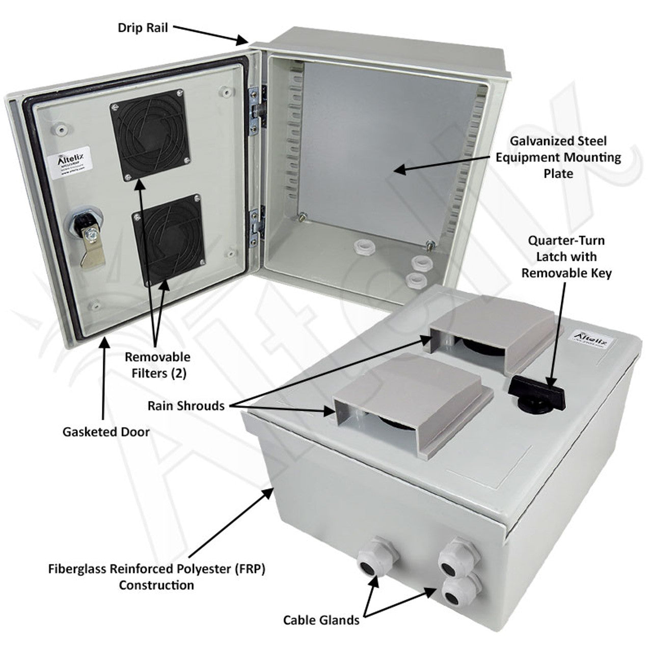 Altelix Vented Fiberglass Weatherproof NEMA Enclosure with Steel Equipment Mounting Plate - 0