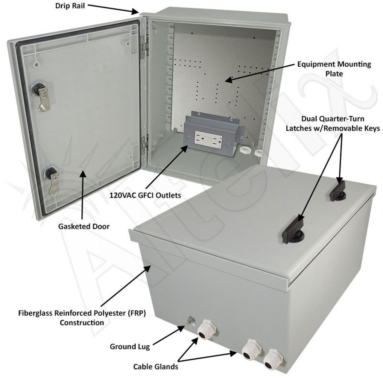 Altelix 16x12x8 NEMA 3X Fiberglass Weatherproof Enclosure with Equipment Mounting Plate & 120 VAC GFCI Outlets - 0