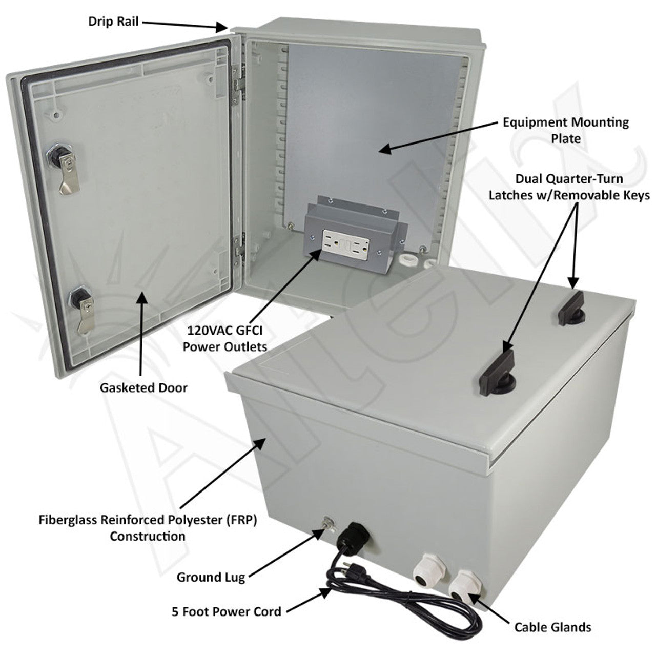 Altelix 16x12x8 NEMA 3X Fiberglass Weatherproof Enclosure with Equipment Mounting Plate & 120 VAC GFCI Outlets & Power Cord - 0