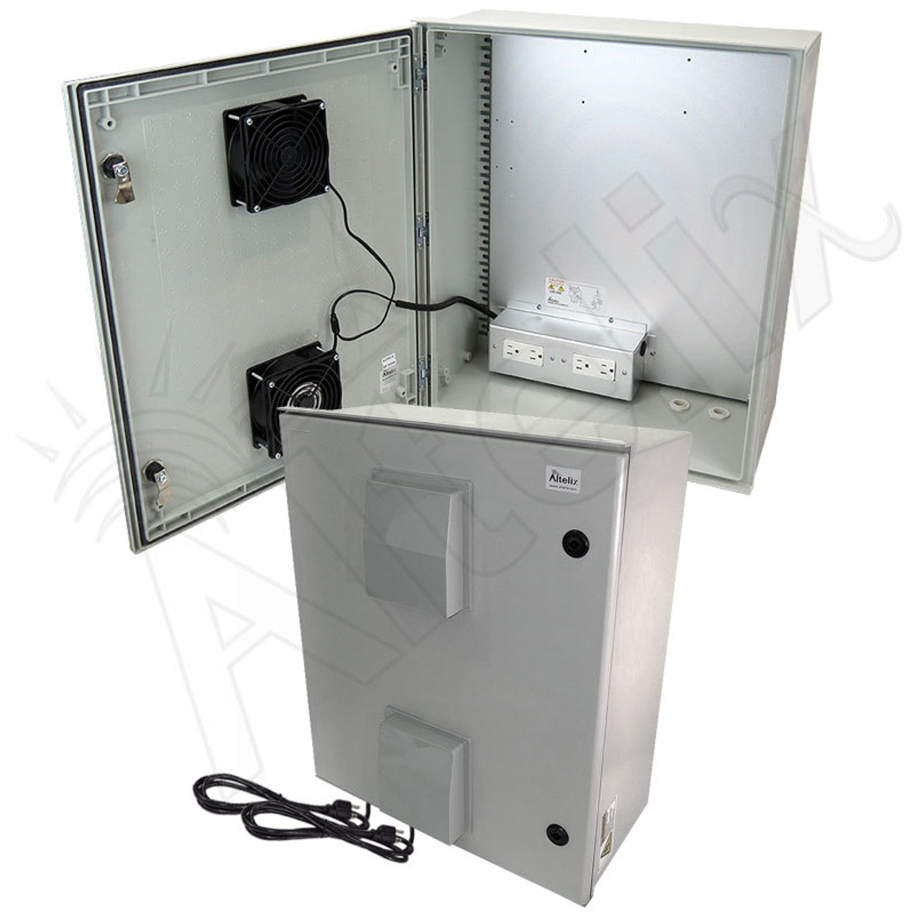 Altelix Vented Fiberglass Weatherproof NEMA Enclosure with 120 VAC Outlets, Power Cord & 85°F Turn-On Cooling Fan