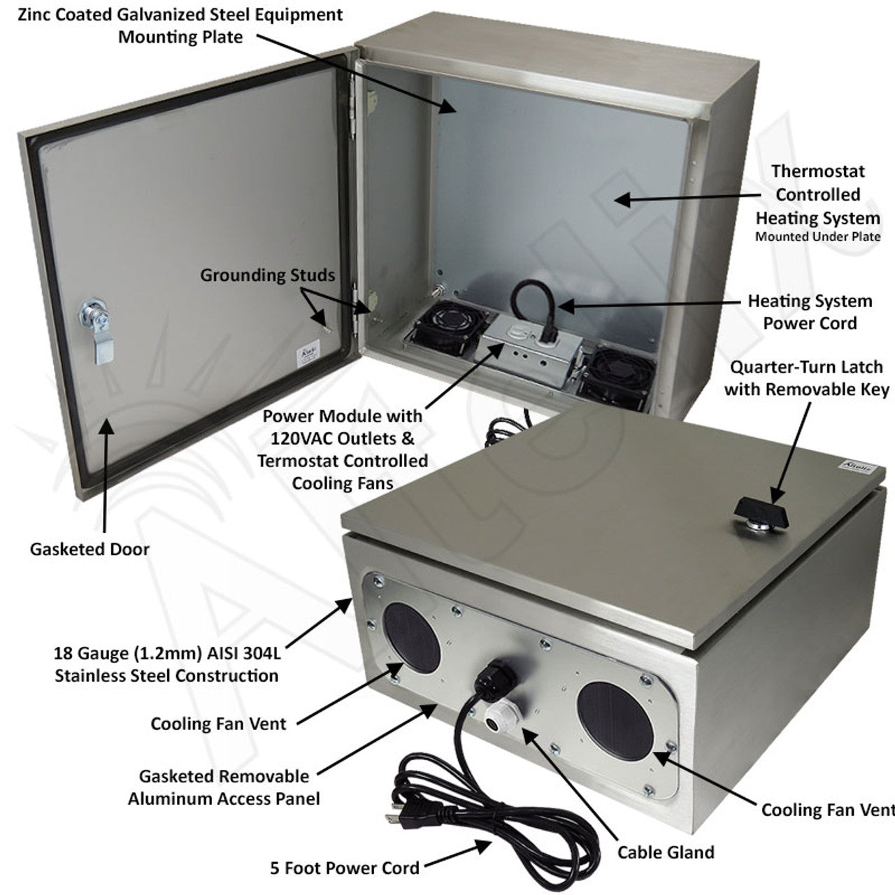 Altelix Stainless Steel Heated Weatherproof NEMA Enclosure with Dual Cooling Fans, 200W Heater, 120 VAC Outlets and Power Cord - 0